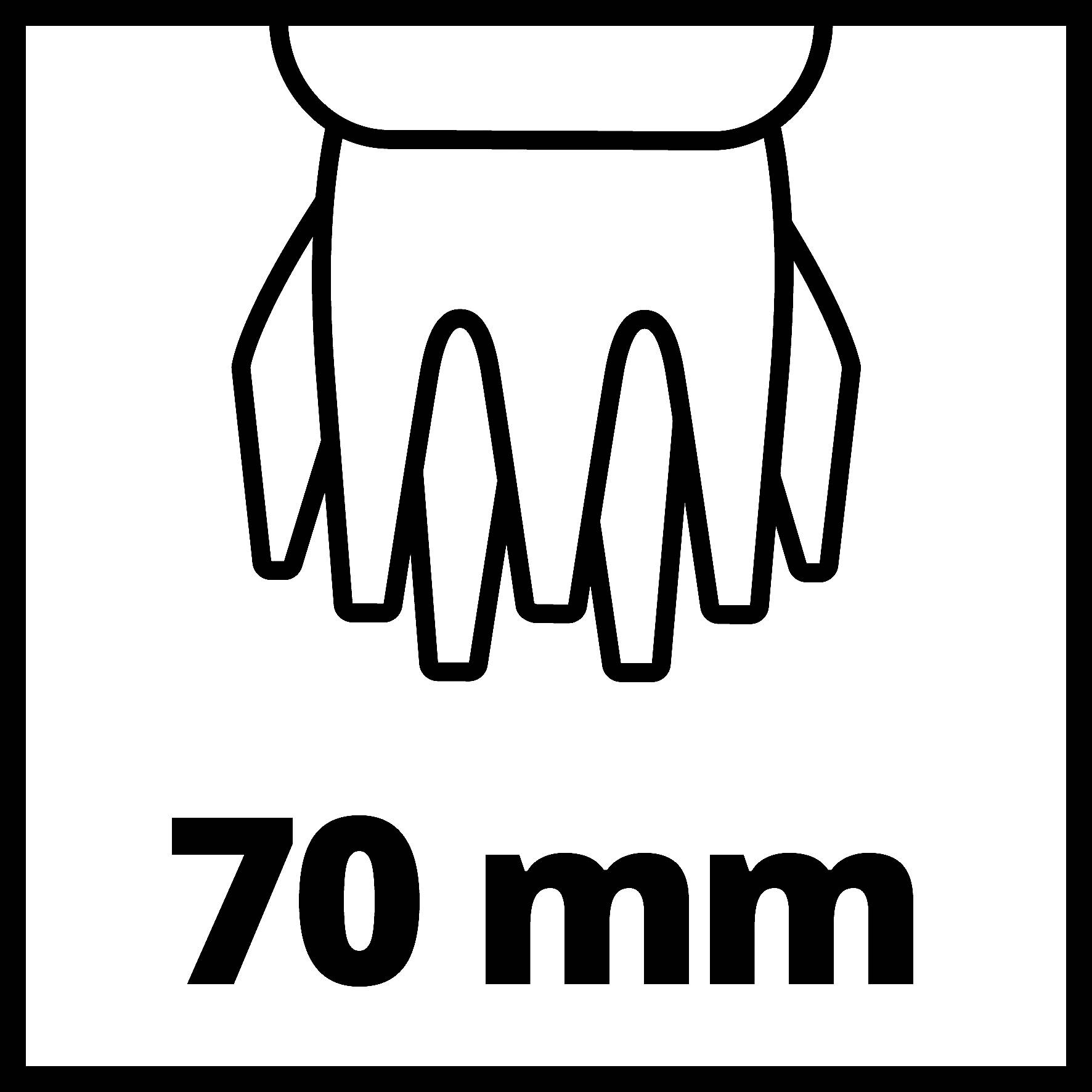 Symbol tyče na Takoyaki s přerušovanou čarou a textem "70 mm".