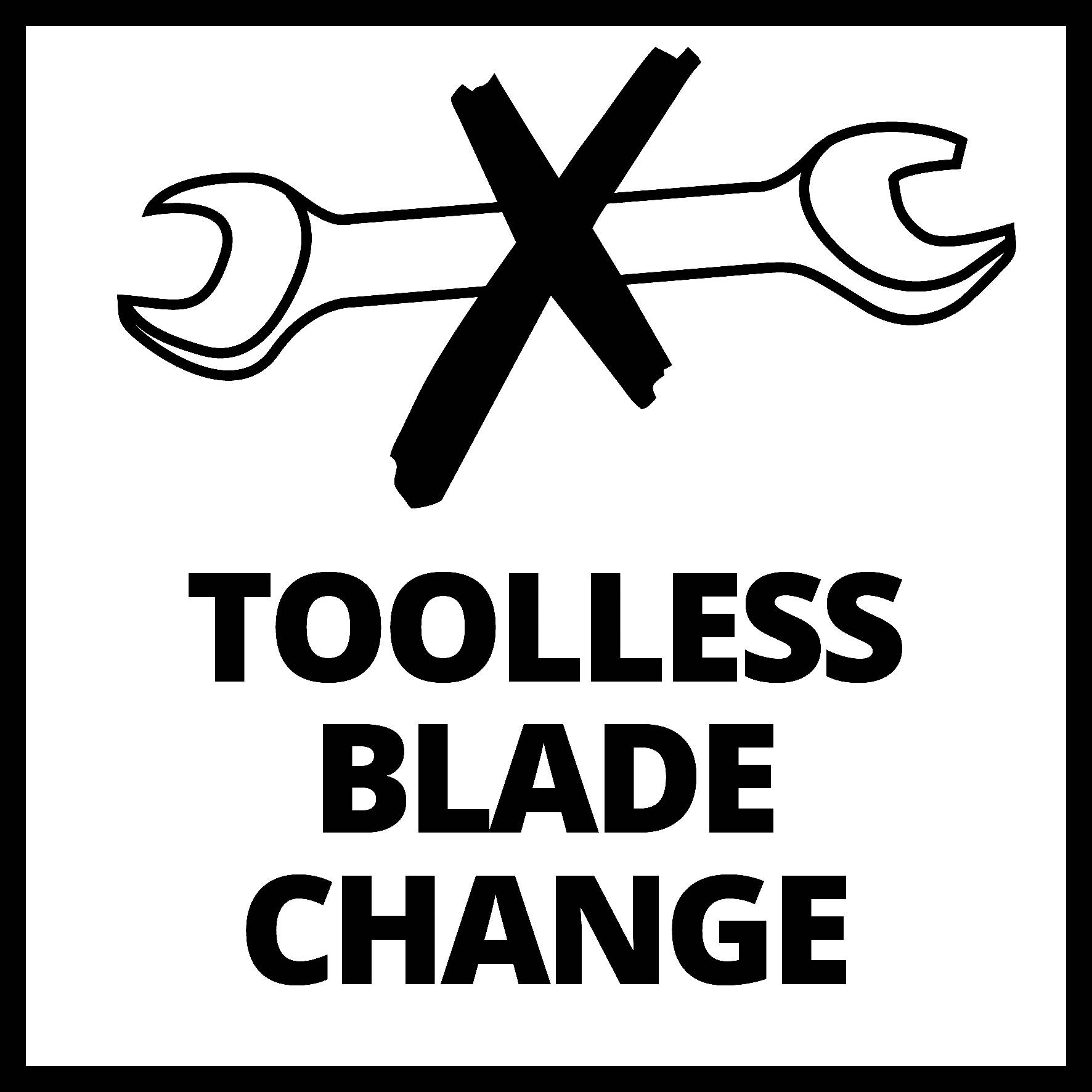 Křížící se klíče s textem 'Toolless Blade Change' znamenají snadnou výměnu čepele bez použití nástrojů.