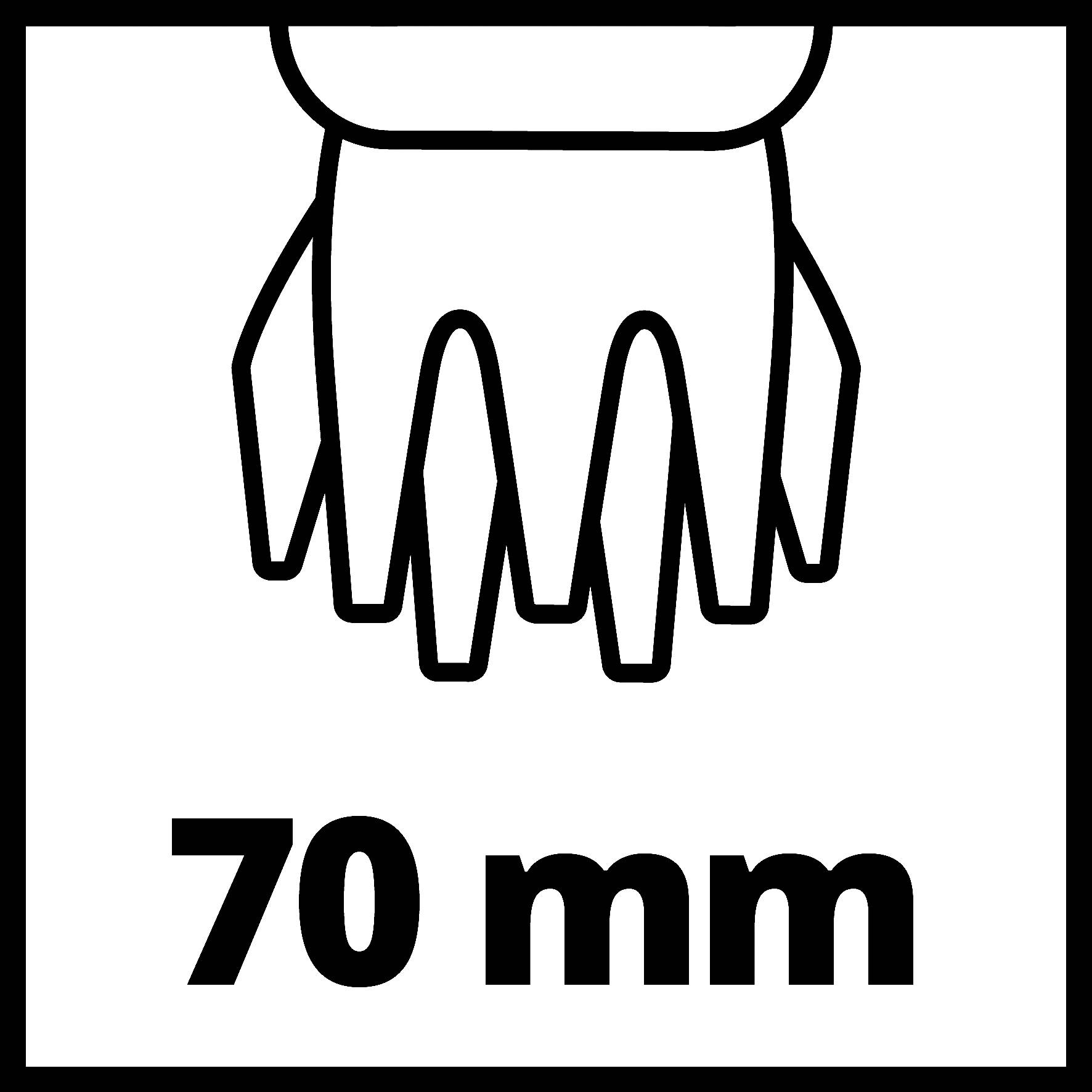 Symbol invalidního vozíku ve vzdálenosti 70 mm, který by mohl znázorňovat brzdicí nebo bezpečnostní upozornění.