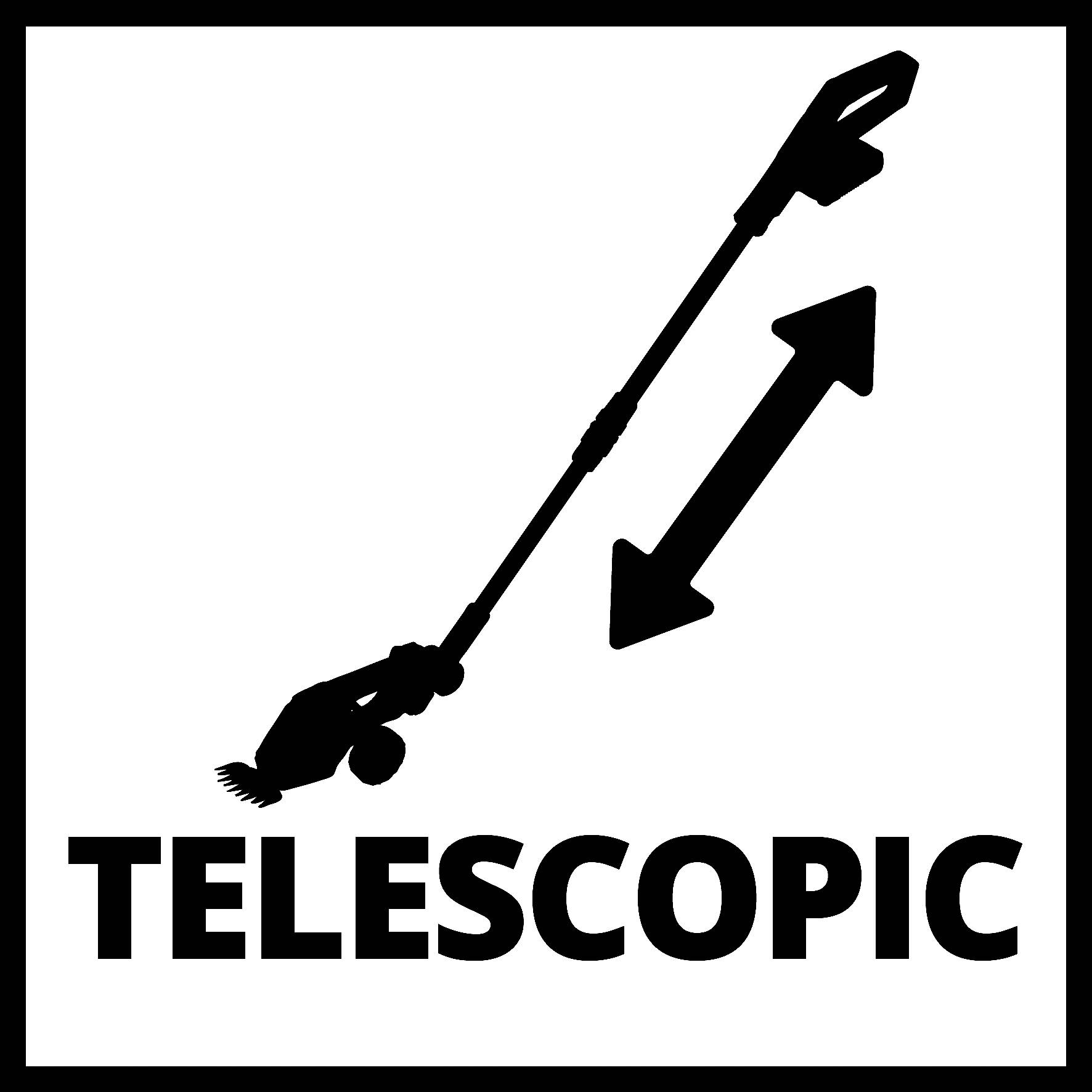 Člověk s teleskopickou tyčí vyčnívá z horní části obrazu, velký šíp naznačuje pohyb. Podpis: TELESKOPICKY.