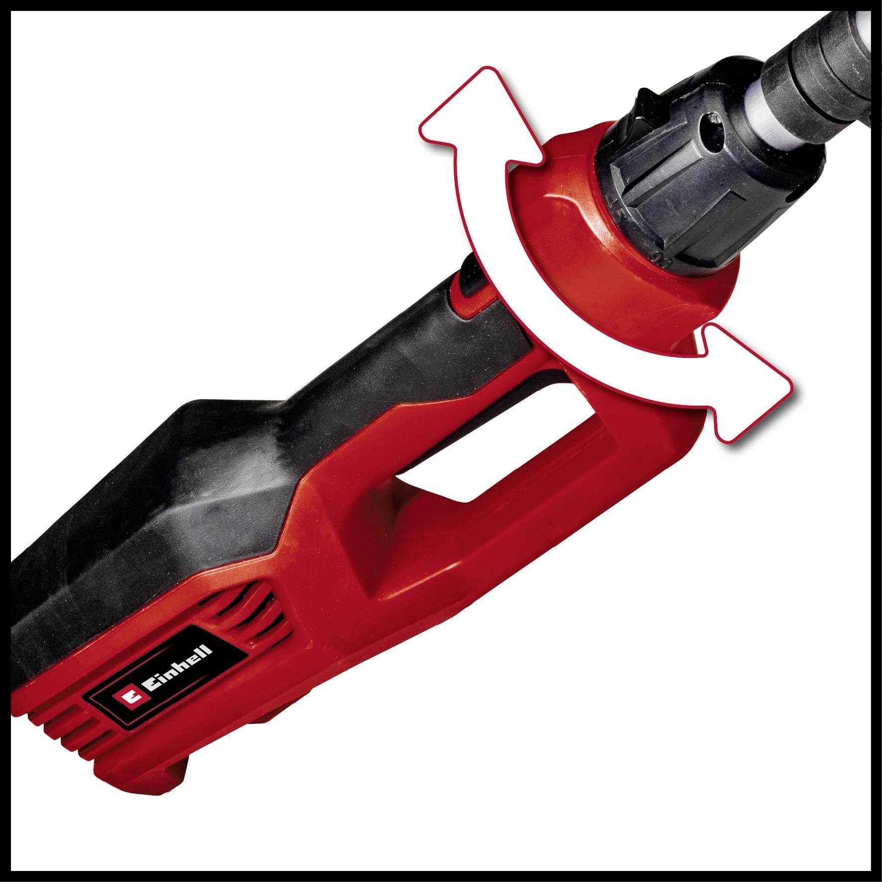 Červený elektrický nástroj s otočnou hlavou. Hlava má šipku znázorňující směr otáčení. Je viditelné logo Einhell.