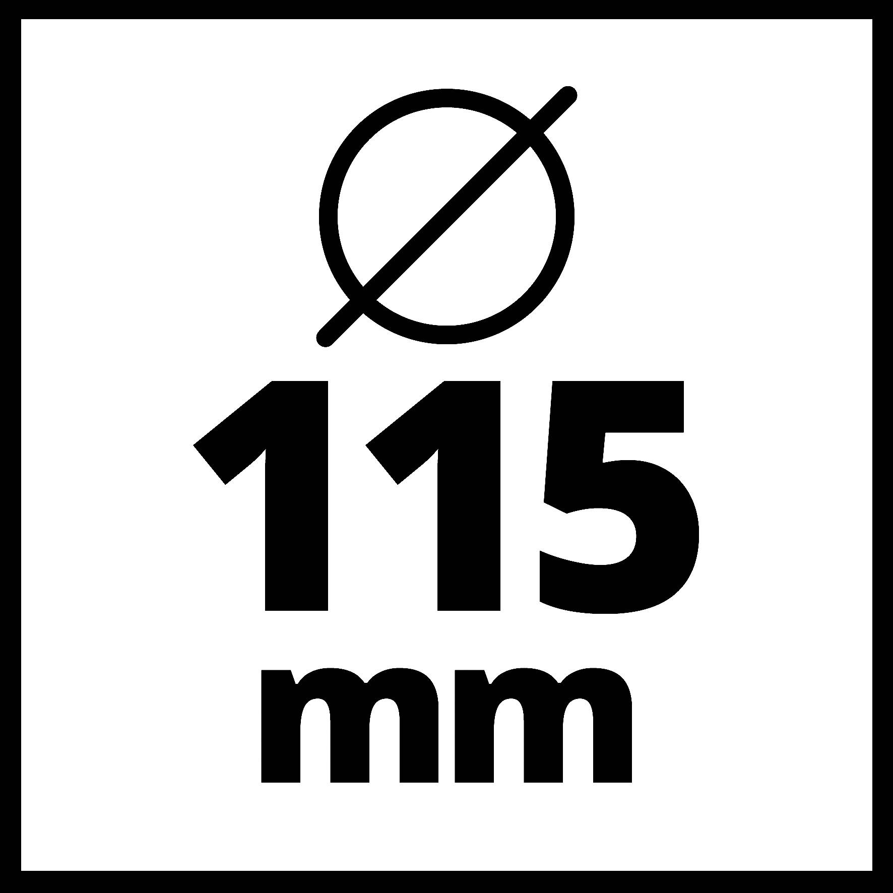 Průměr 115 mm v tučném černém písmu, obklopený černým rámečkem. Symbol nahoře zobrazuje kruh s diagonální čarou.
