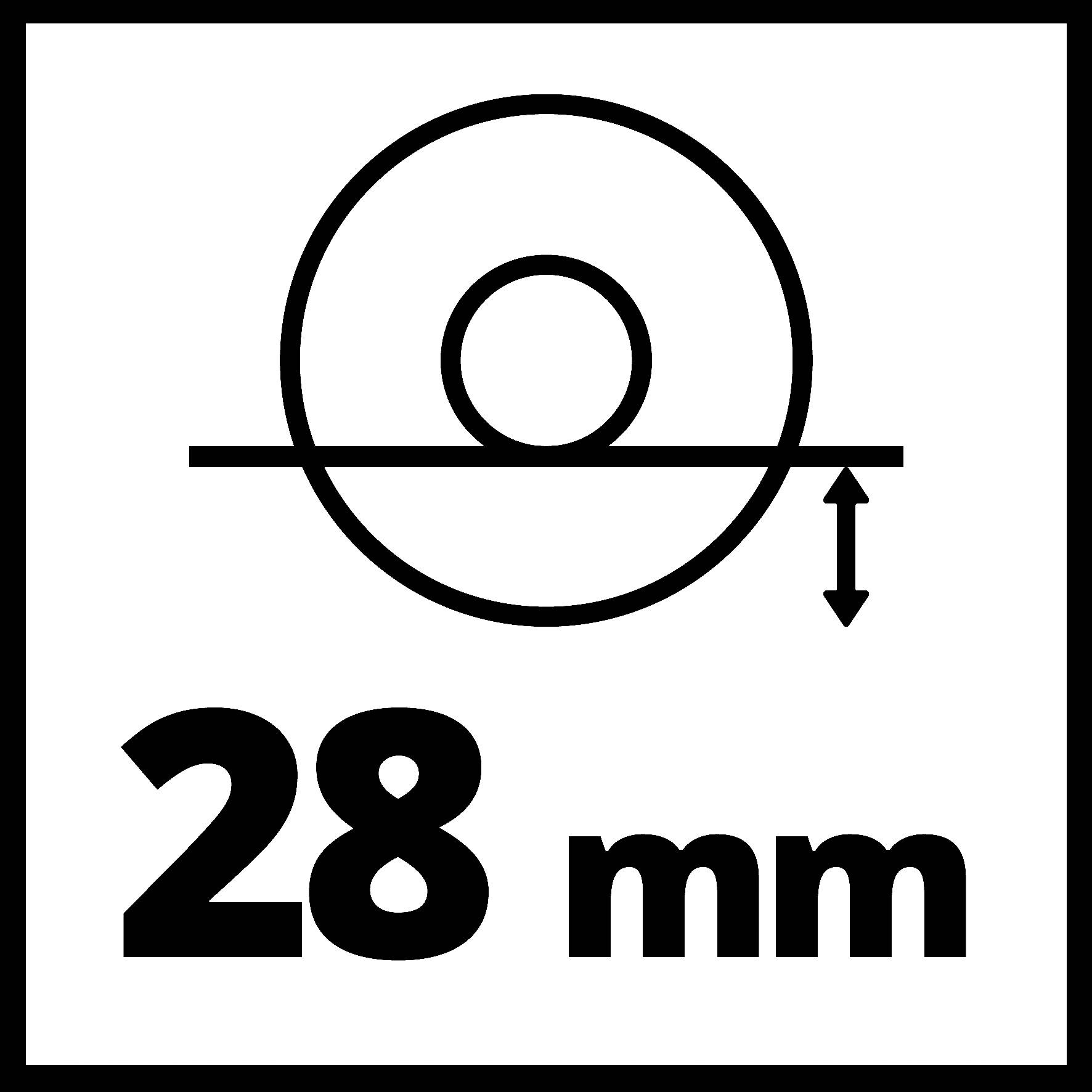 '28 mm' Symbol pro minimální průchodnou výšku. Kruh protíná linii s menším kruhem nad ní, šipka ukazuje vzdálenost.