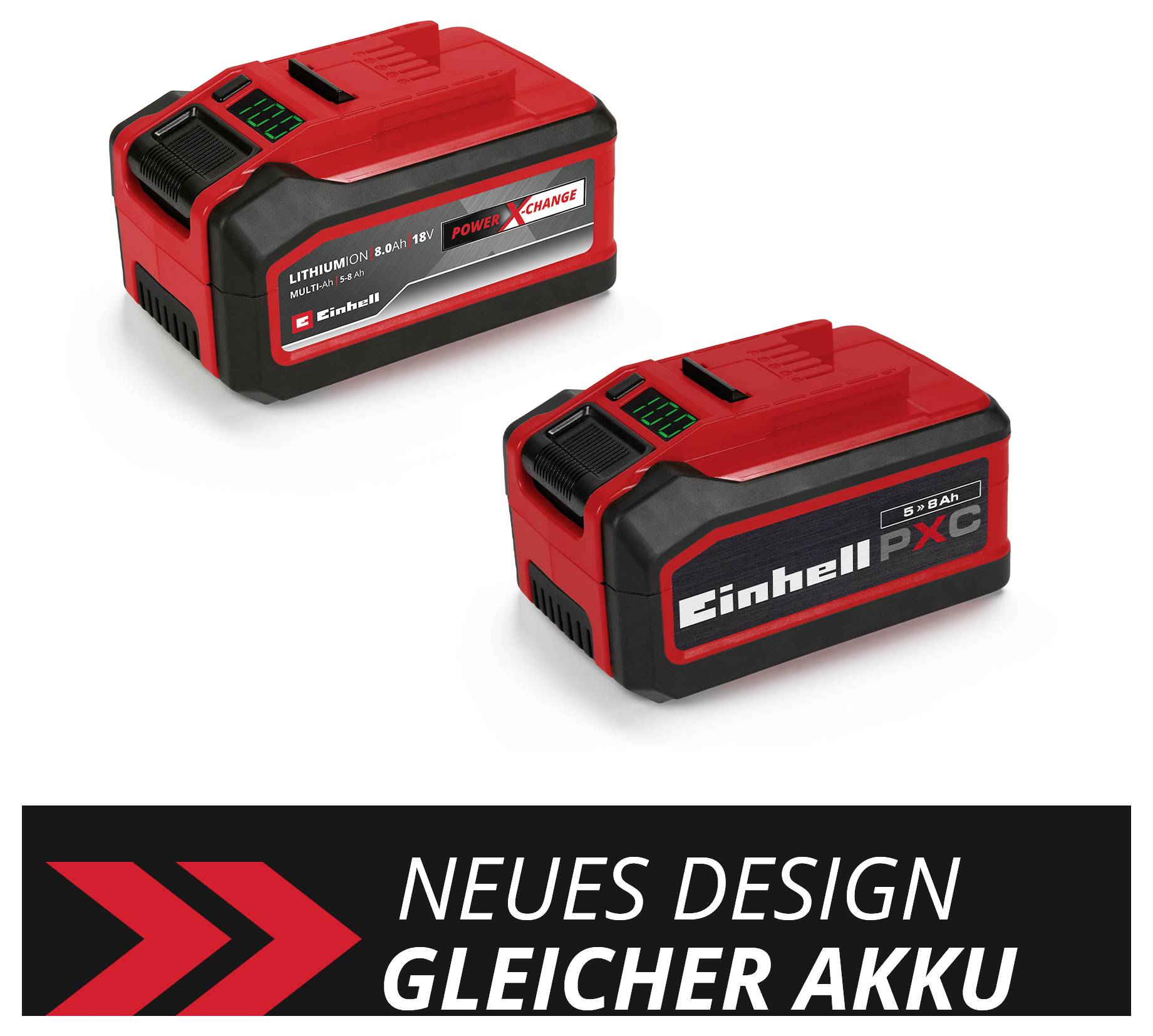 Dva červené lithium-iontové akumulátory vedle sebe. Jeden zobrazuje značku "Einhell" a pod ním je nápis "Nový design, stejný akumulátor".