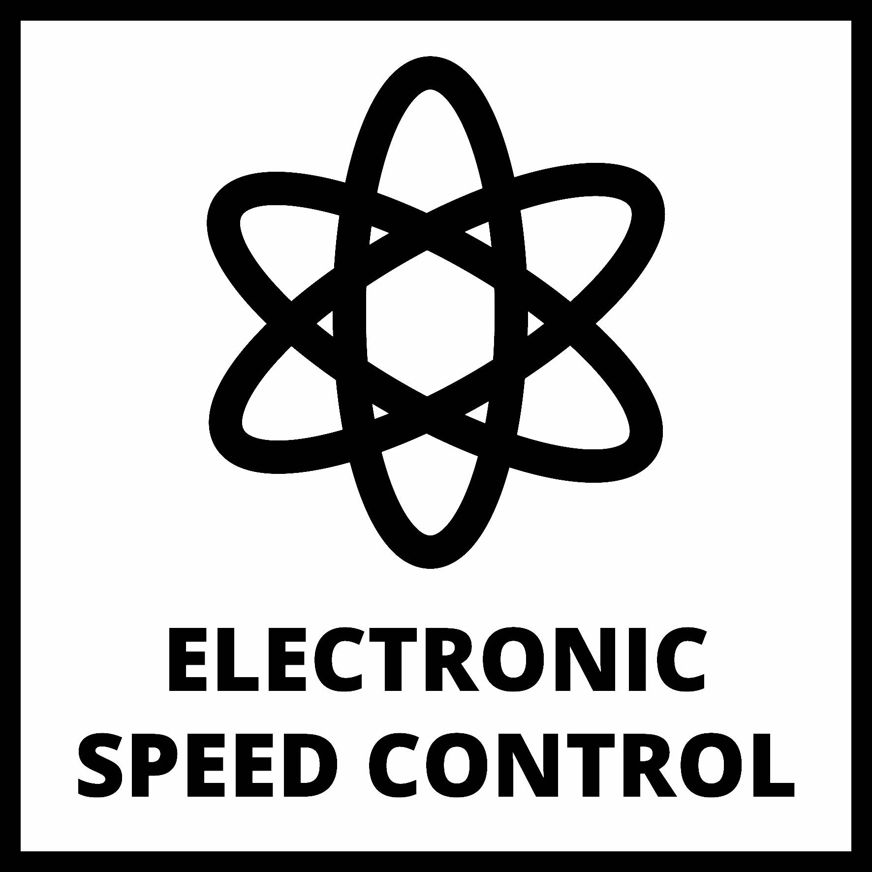 Symbol atomové struktury, pod ním text "Elektronické řízení rychlosti"