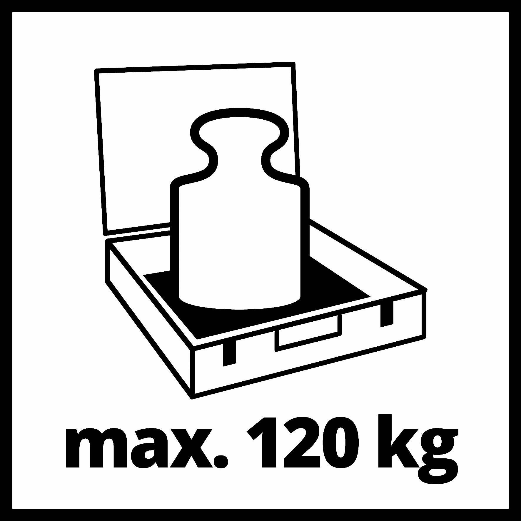'Max. 120 kg' ve čtverci. Zobrazuje těžkou váhu v otevřeném kufru, symbolizuje maximální zatížení.