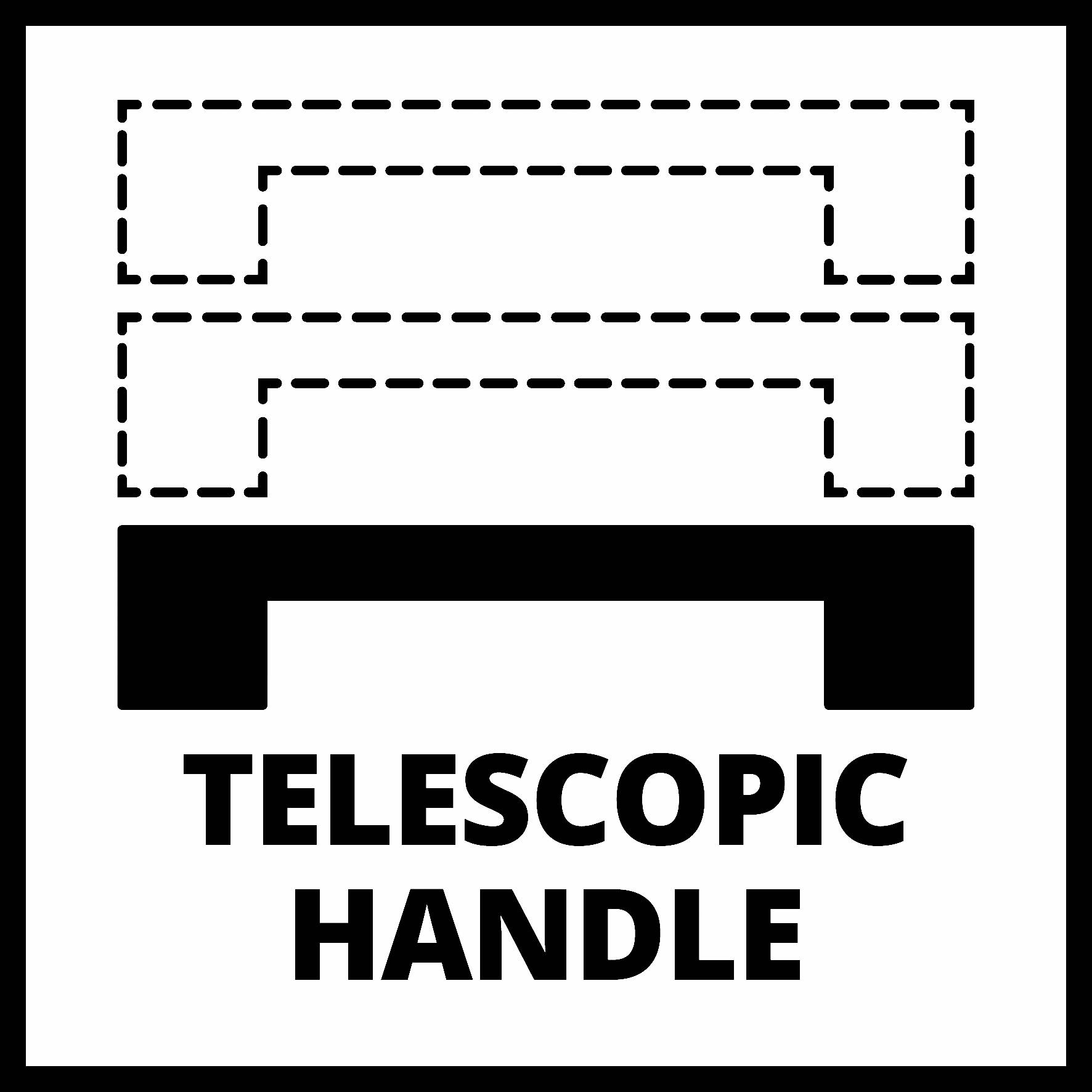 Symbol znázorňuje teleskopickou rukojeť, zobrazenou přerušovanými čarami indikujícími různé délky, s textem „Teleskopická rukojeť".