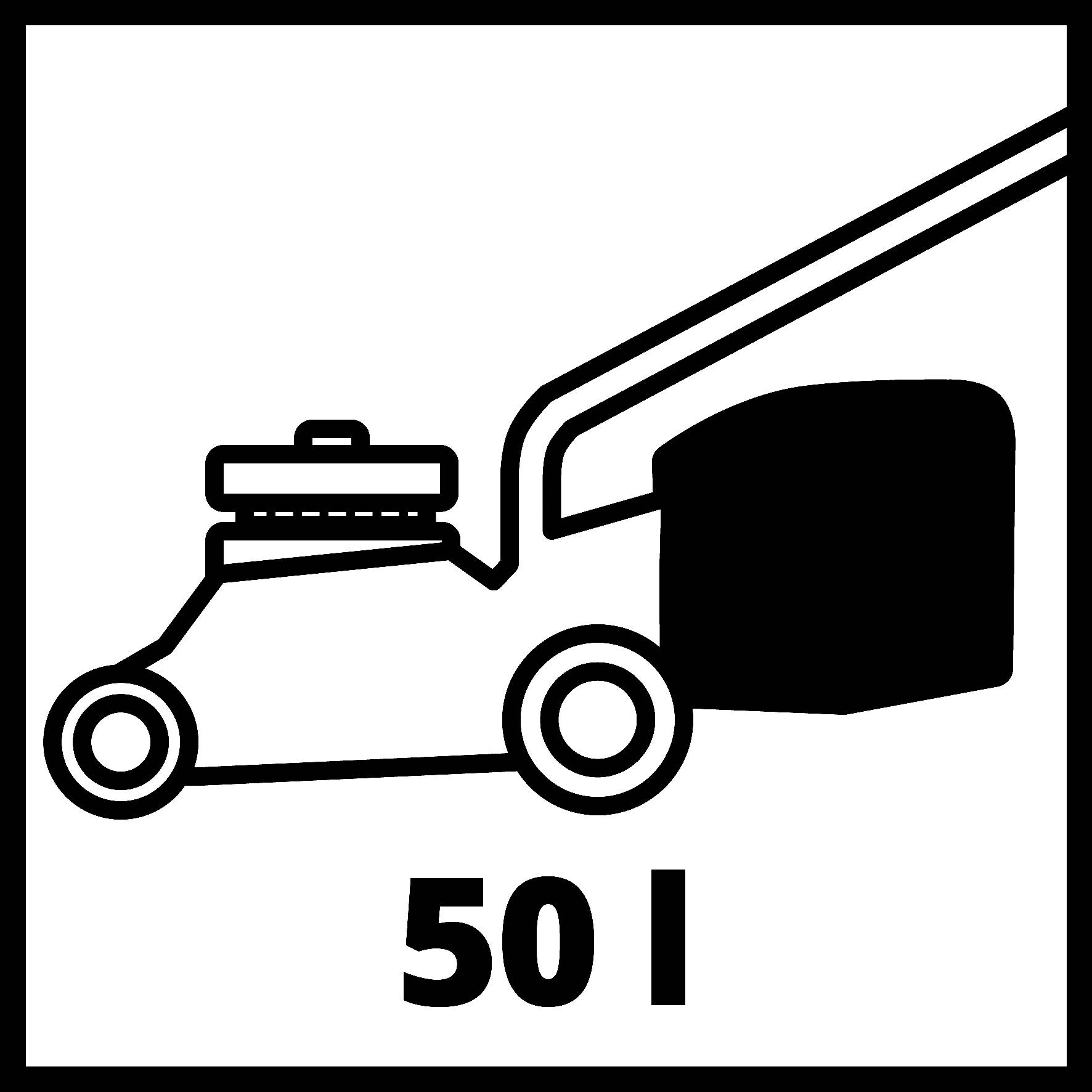 Symbol sekačky s číslem 50 l, který zobrazuje objem travního koše v litrech.
