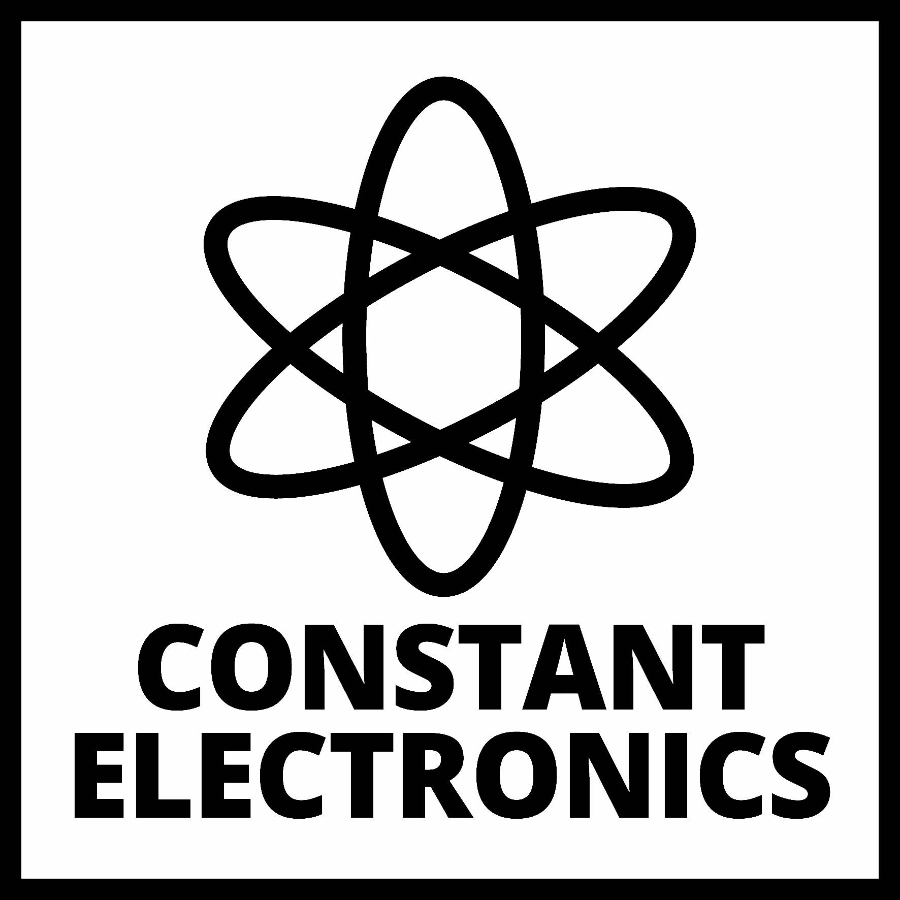 Logo společnosti 'CONSTANT ELECTRONICS' se stylizovaným atomovým symbolem.