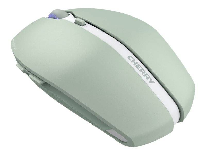 Bezdrátová zelená počítačová myš s ergonomickým designem a názvem značky 'CHERRY' na horní straně.