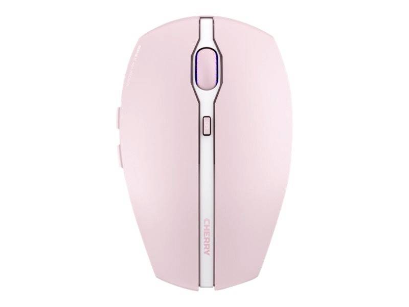 Bezdrátová, růžová počítačová myš s bílým pruhem a podsvíceným kolečkem, vhodná pro ergonomické použití a minimalistický design.