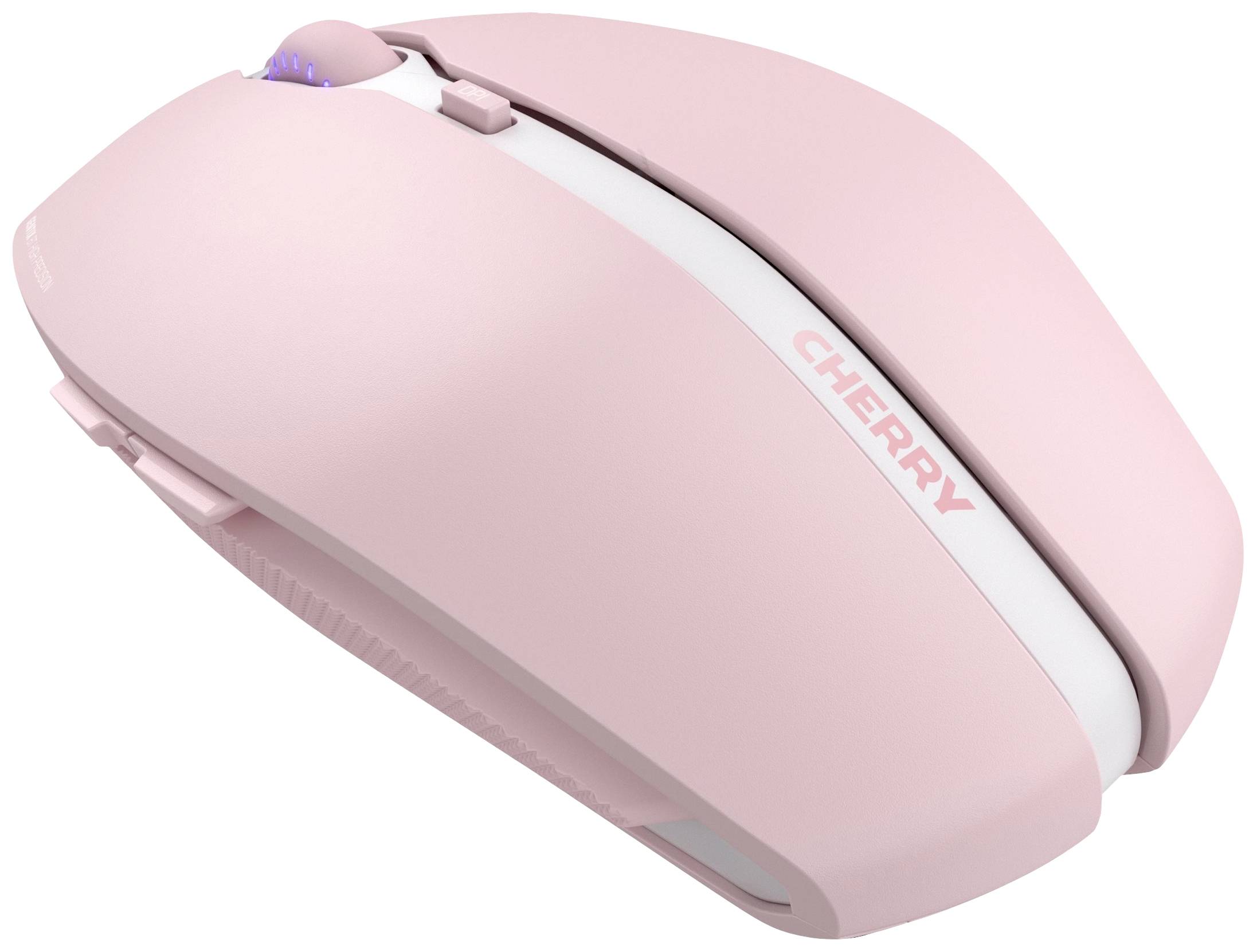 Bezdrátová růžová počítačová myš s ergonomickým designem, rolovacím kolečkem, nápisem 'CHERRY' na boku a hladkým povrchem.