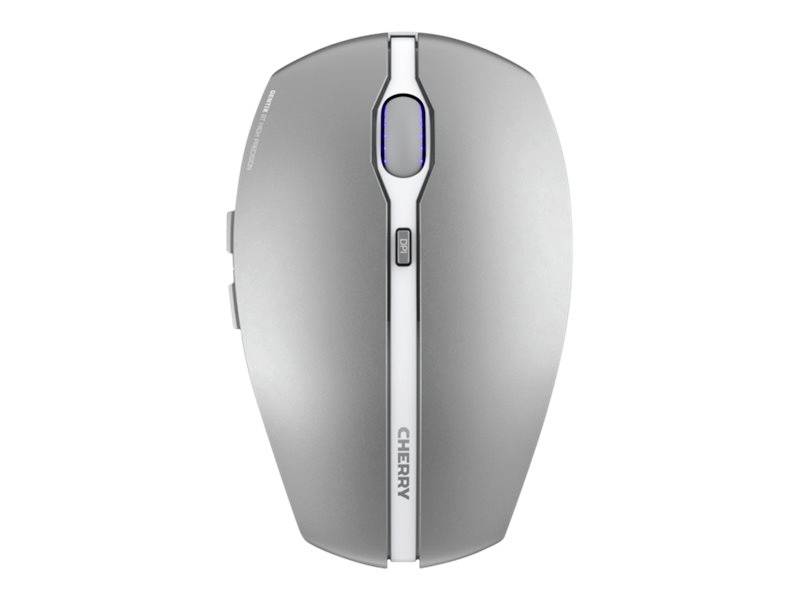 Stříbrná bezdrátová počítačová myš s ergonomickým designem a rolovacím kolečkem uprostřed, viditelná značka 'Cherry'.