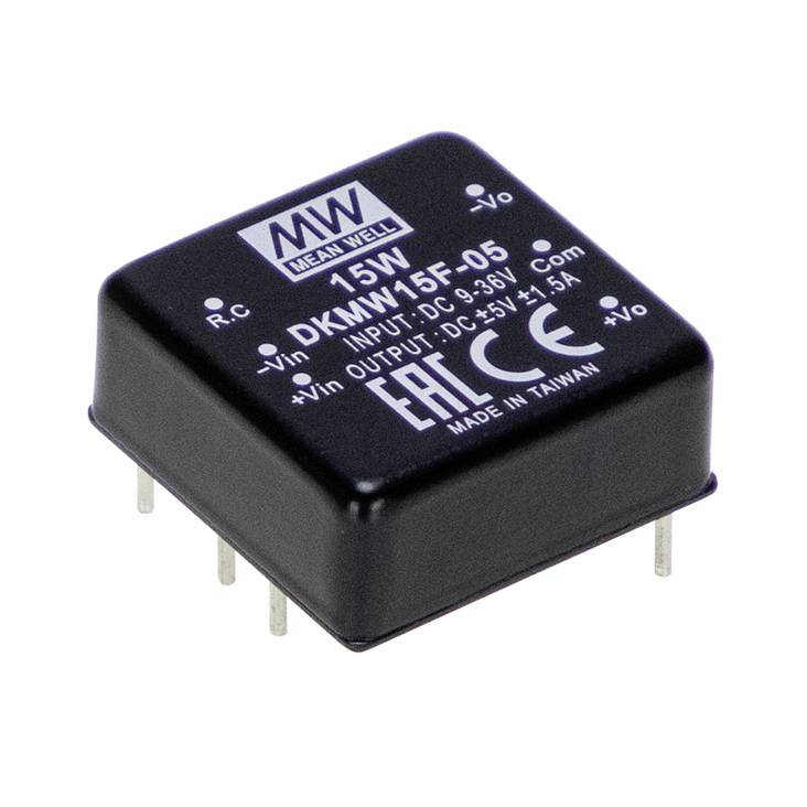 Napěťový měnič od Mean Well, model DKM15F-05, vstup 36-96V DC, výstup 5V DC při 3A, s CE certifikací, z Taiwanu.