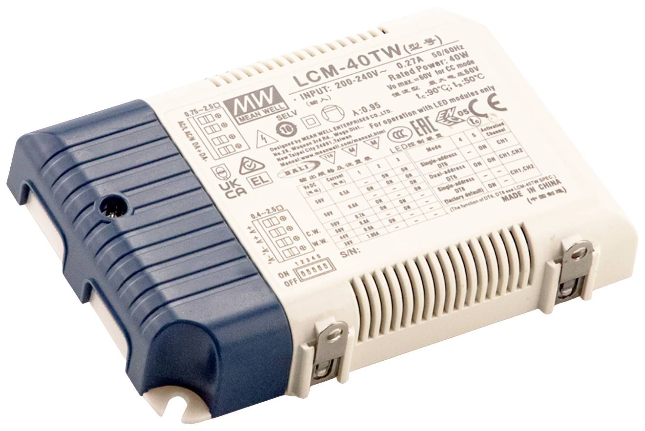 Obdélníkový LED driver v bílo-modré barvě od společnosti Mean Well s technickými specifikacemi a symboly na horní straně.