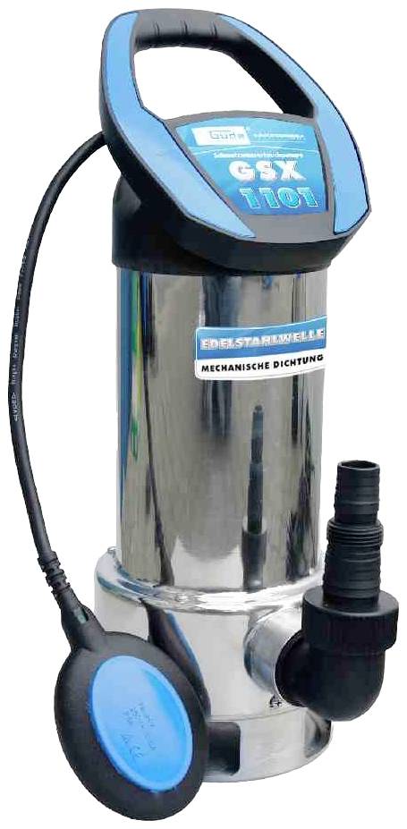 Elektrická ponorná čerpadlo s modro-černou rukojetí, stříbrným krytem. Nápis "Nerezový hřídel, mechanické těsnění".