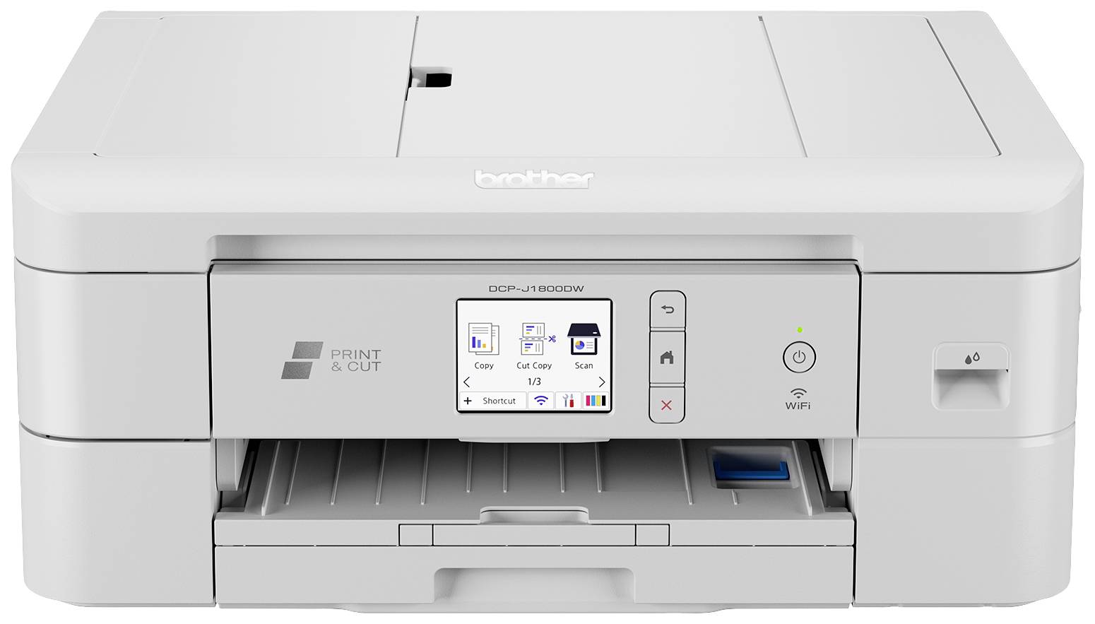 Bílá inkoustová tiskárna s dotykovým displejem, na kterém jsou zobrazeny možnosti 'Kopírovat', 'Skenovat' a 'Nastavení'.