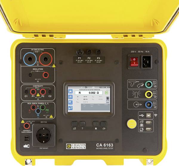 Chauvin Arnoux CA 6163 strojový tester , Norma VDE 0113, 0413, 0600, 0660, P01145831, EN a DE menu