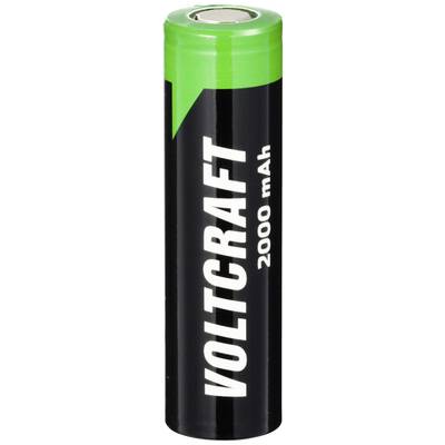 Černá AA baterie se zeleným akcentem, s bílým nápisem "Voltcraft 2000 mAh", symbolizuje znovunabíjitelný zdroj energie.