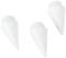 Tři bílé, kónické plastové víčka rovnoměrně rozmístěná na bílém pozadí.