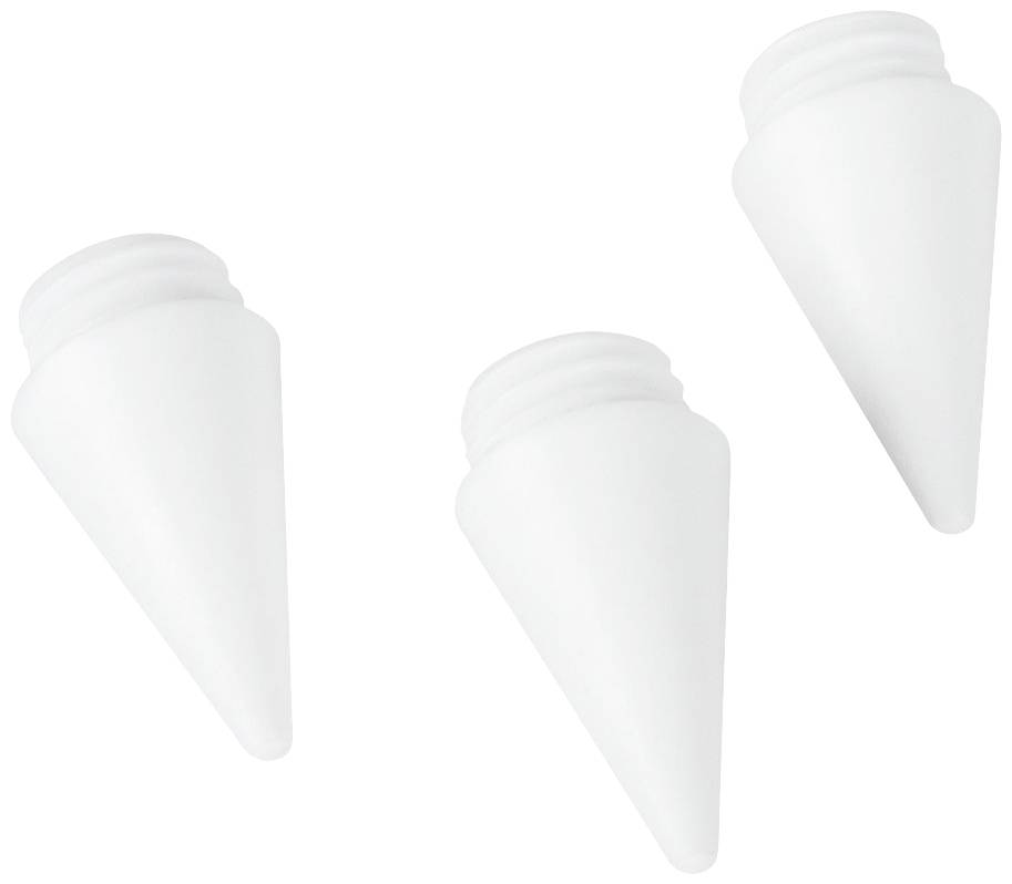 Tři bílé, kuželovité plastové díly se šroubovacími uzávěry.