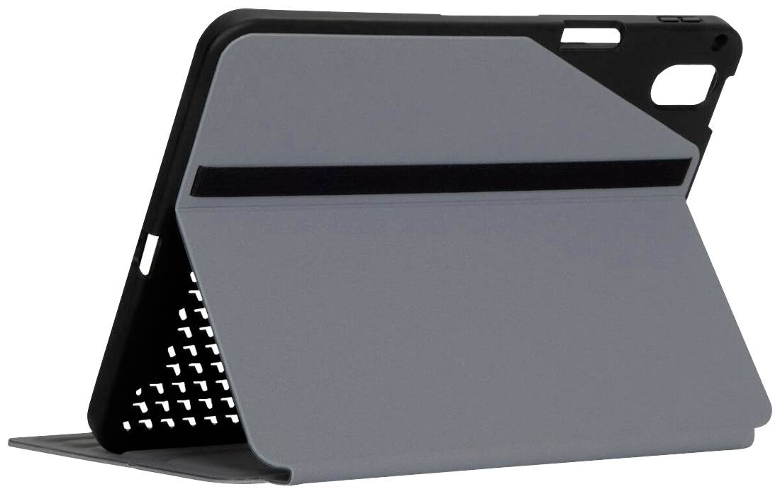 Šedý obal na tablet, částečně otevřený, ukazuje stojanovou funkci pro horizontální orientaci. V pozadí jsou viditelné světelné body.