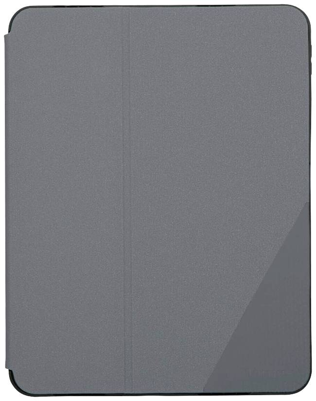 Uzavřený šedý obal na tablet, obdélníkového tvaru s minimalistickým designem bez dekorativních prvků, umístěný před bílým pozadím.