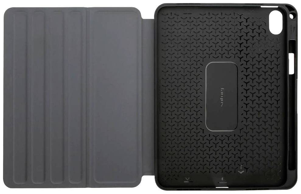 Černý ochranný kryt pro tablet s magneticky sklopným víkem a strukturovanou vnitřní zadní stranou.