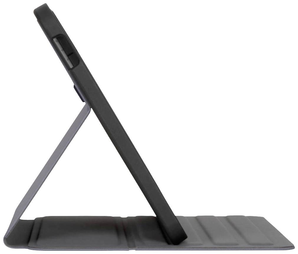 Tablet leží na skládacím stojanu v horizontální orientaci. Na displeji není zobrazen žádný obsah.
