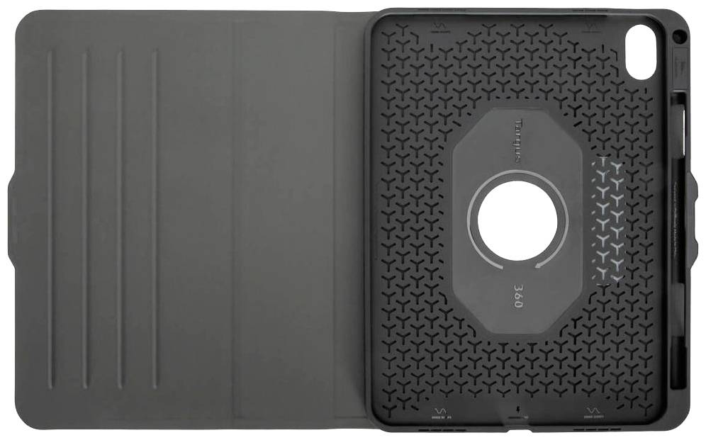 Černý obal na tablet s integrovaným stojánkem a ochranným vzorem. Vhodný pro bezpečné uchycení a různé pozorovací úhly.
