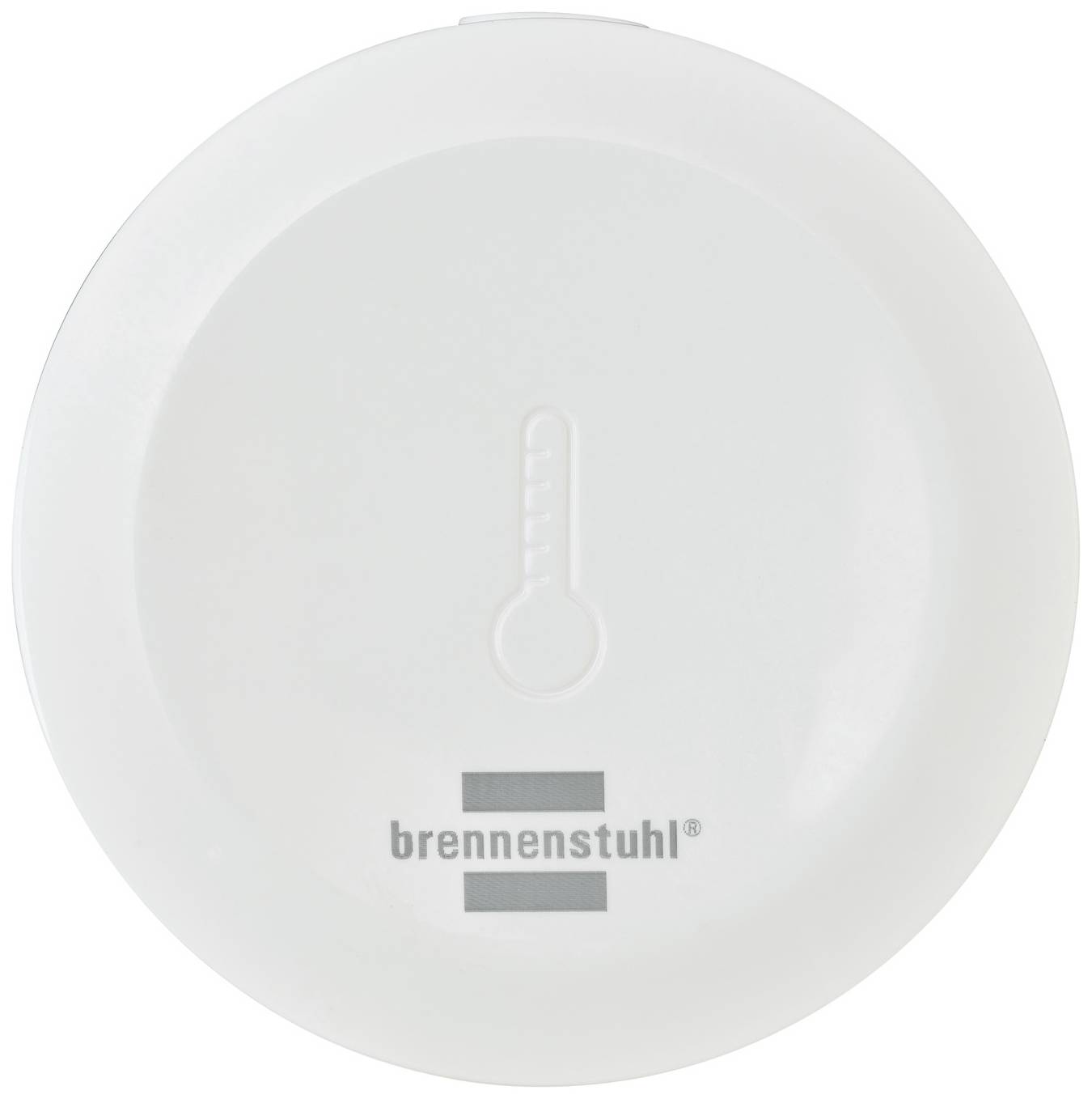 Kulatý bílý teplotní senzor s symbolem teploměru uprostřed, pod nímž je umístěno logo 'brennenstuhl'.
