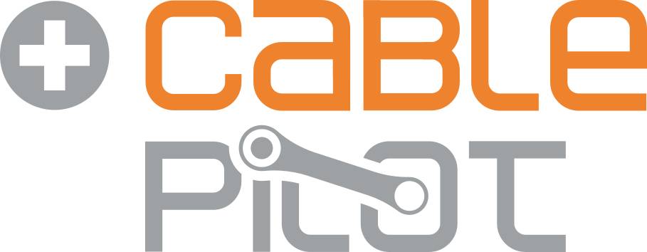 Logo 'Cable Pilot' s plusovým znaménkem; stylizovaný nápis v oranžové a šedé barvě.