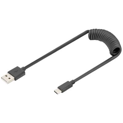 Černý spirálovitý USB kabel s konektory USB-A a USB-C, vhodný pro nabíjení a přenos dat.