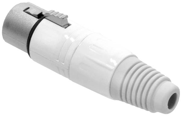 XLR konektor zblízka, převážně vyrobený z kovu a plastu. Vhodný pro připojení audiotechniky.