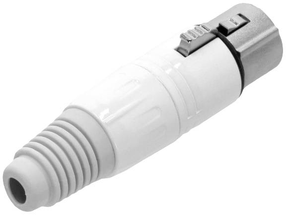 Bílá XLR zástrčka s kovovým kontaktem a gumovou ochrannou krytkou v detailním záběru. Typicky používaná pro audio připojení.