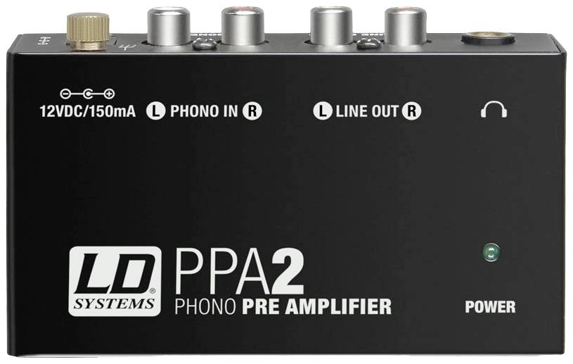 LD Systems PPA 2 předzesilovač pro gramofon s konektory pro 12V DC, vstupem pro gramofon, linkovým výstupem a vypínačem napájení.