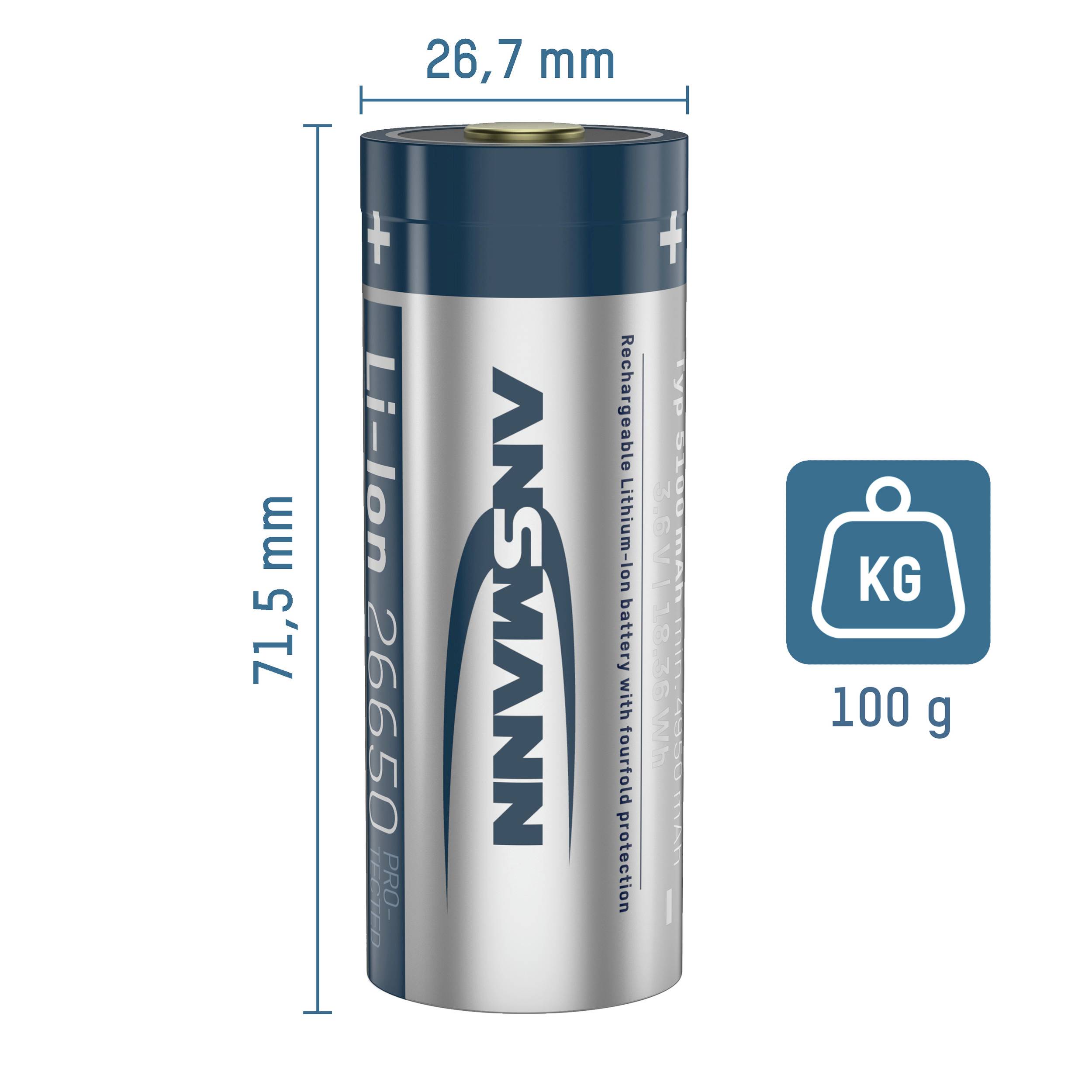 Dobíjecí Li-Ion akumulátor od Ansmann, model 26650, s ochranou kapalné elektrody. Rozměry: průměr 26,7 mm, výška 71,5 mm, hmotnost: 100 g.