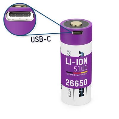 Lila lithium-iontový akumulátor s USB-C konektorem. Označen štítkem 'Li-Ion 5100', modelové číslo '26650'.