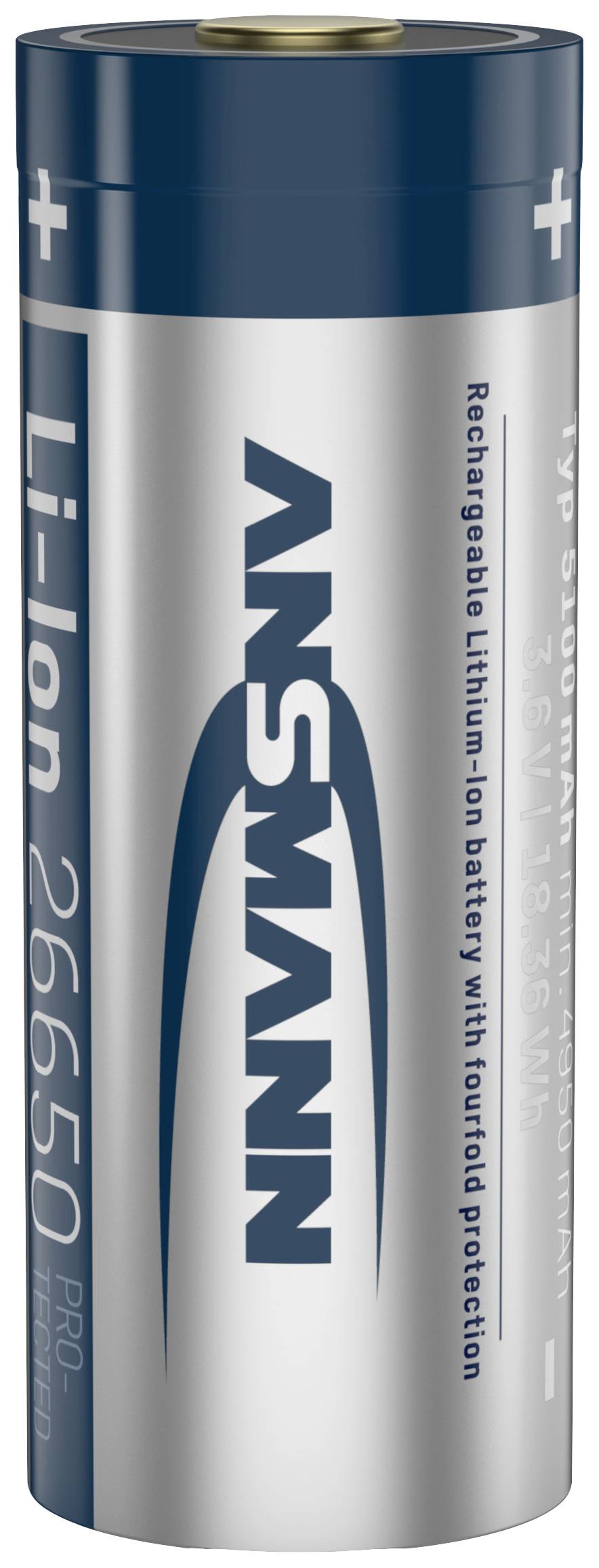 Stříbrná lithium-iontová baterie značky Ansmann s nápisem 'Li-Ion 26650' a symboly '+/-' nahoře a dole.
