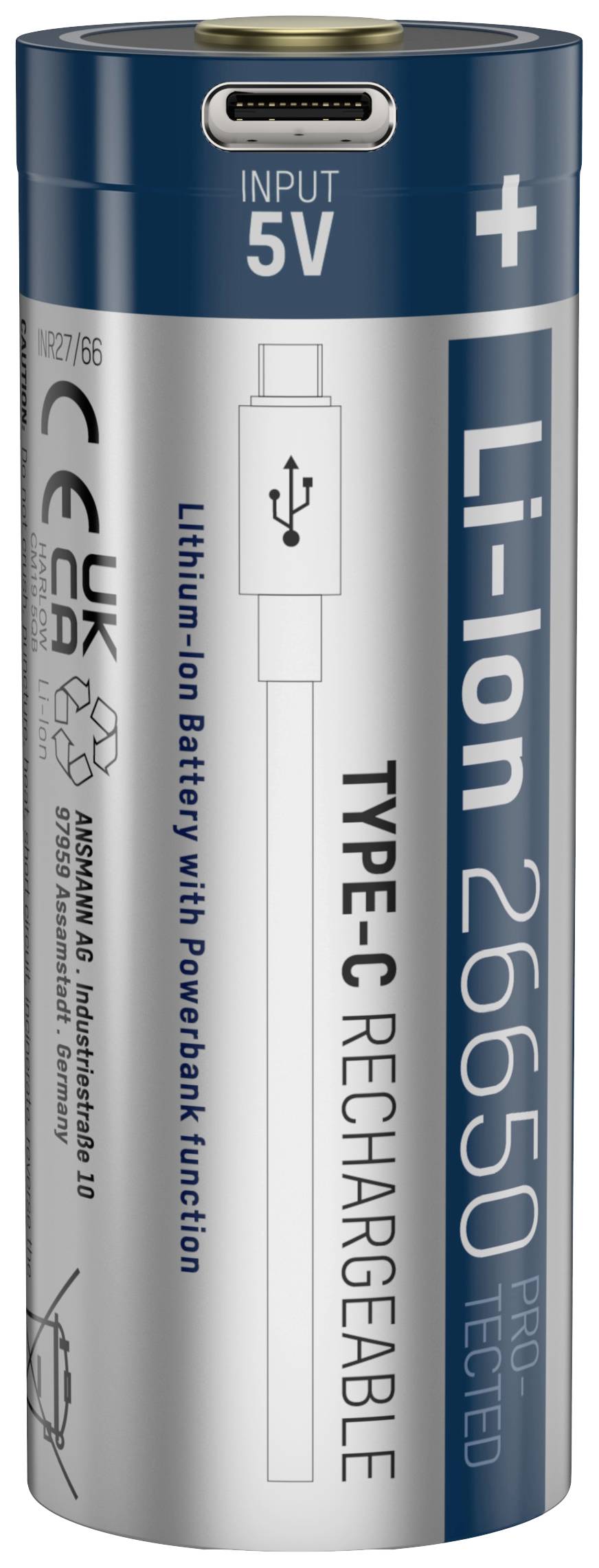 Lithium-iontová baterie 26650, 5V vstup, typ-C konektor, dobíjecí, s funkcí powerbanka.