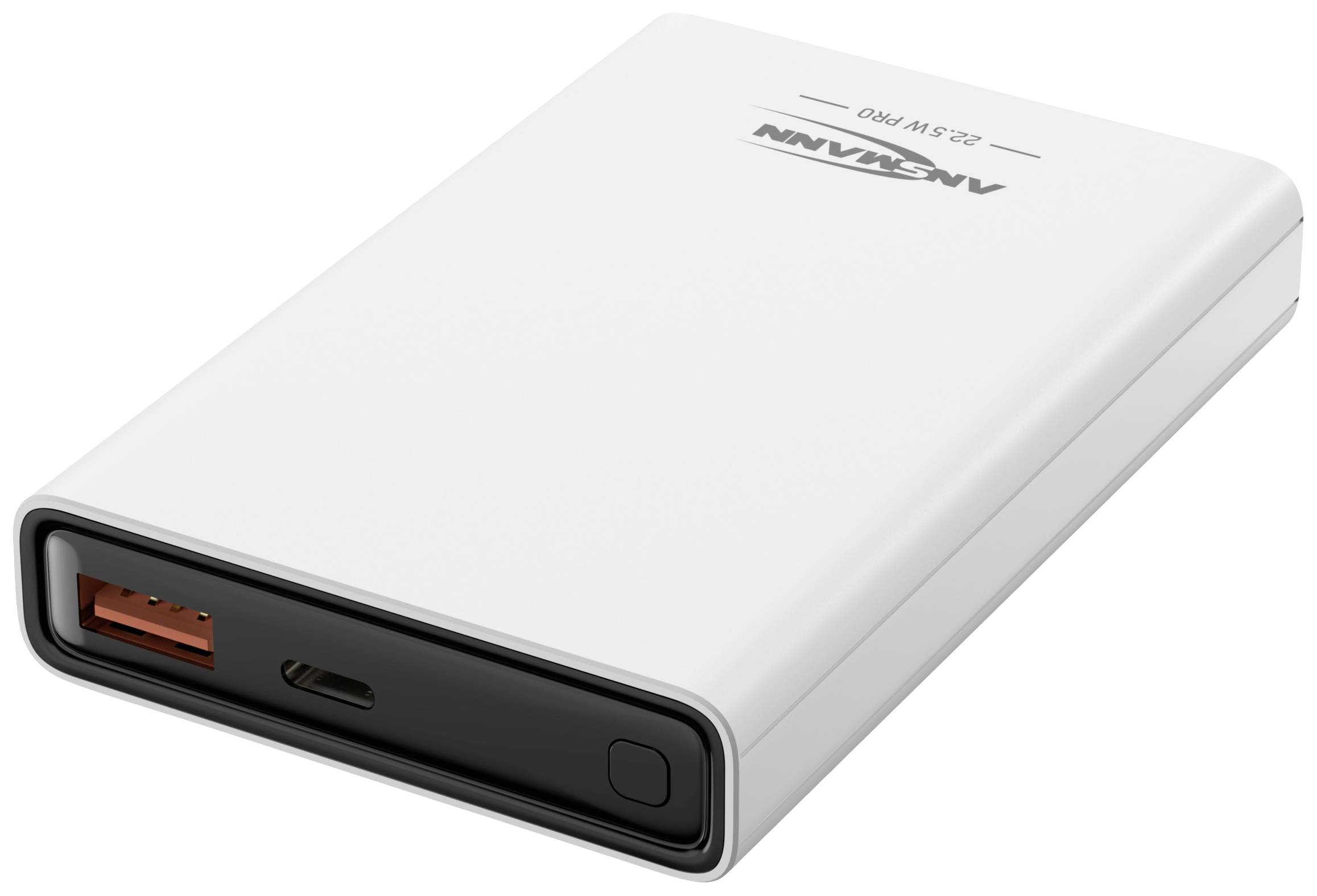Bílá powerbanka s USB portem a USB-C portem. Je kompaktní a určená pro nabíjení zařízení během cest.
