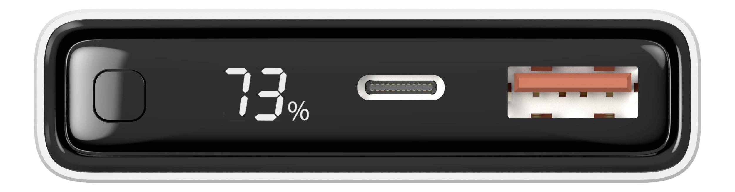 Přenosná powerbanka s 73% indikací nabití, USB-C a USB-A porty, vhodná pro nabíjení různých zařízení.