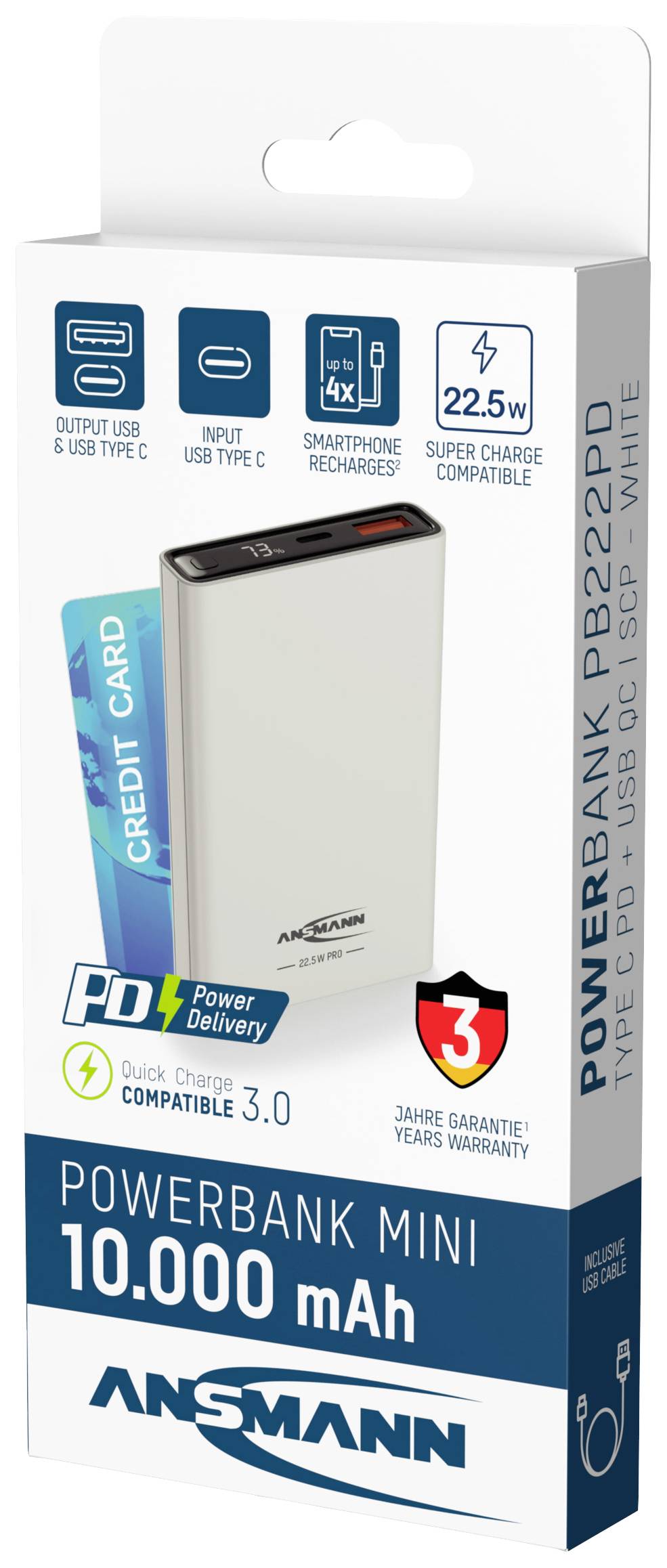 Powerbanka, 10.000 mAh, s USB-C a USB-A porty. Podporuje Power Delivery. Obal zobrazuje obrázek produktu a specifikace.