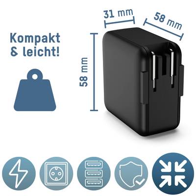 Černá nabíječka o rozměrech 58 mm x 31 mm. Text: 'Kompaktní & lehká'. Symboly pro proud, zásuvku, ochranu a úsporu místa.