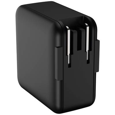 Černá USB nabíječka se sklopnými zástrčkami, kompaktní a přenosná, vhodná pro použití s mobilními zařízeními na cestách.
