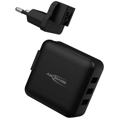Černá USB nabíječka se třemi USB porty a odnímatelnou EU zástrčkou, vhodná pro současné nabíjení několika zařízení.