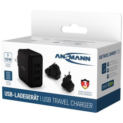 Obrázek USB cestovní nabíječky se třemi nabíjecími porty, dvěma vyměnitelnými síťovými adaptéry a nápisem '3 roky záruka'.