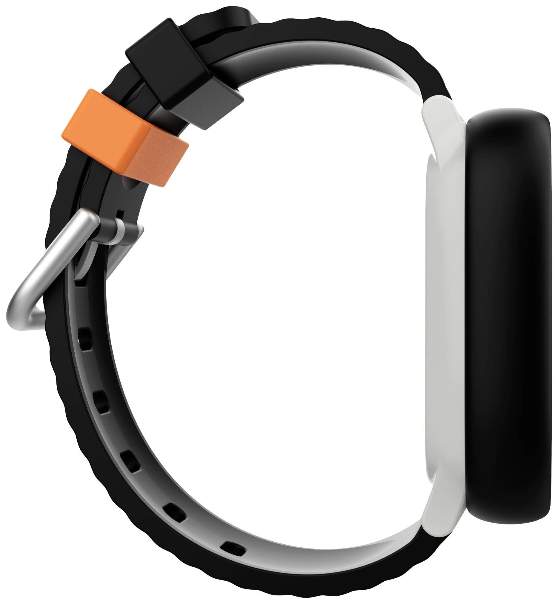 Chytré hodinky z pohledu z boku. Černý řemínek s oranžovým detailem. Důraz na minimalistický, moderní design.