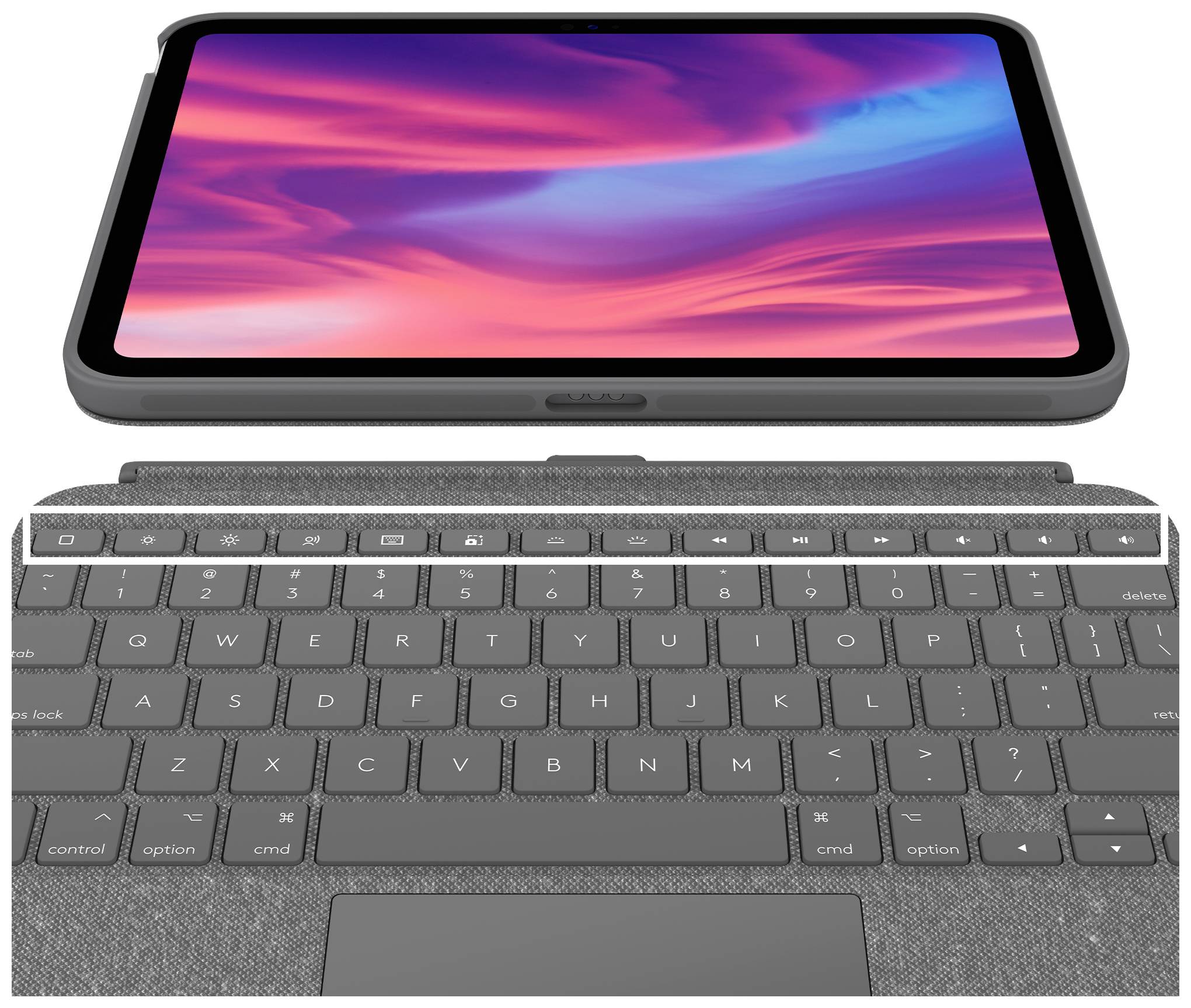 Tablet s osvětleným displejem leží na připojitelné klávesnici.