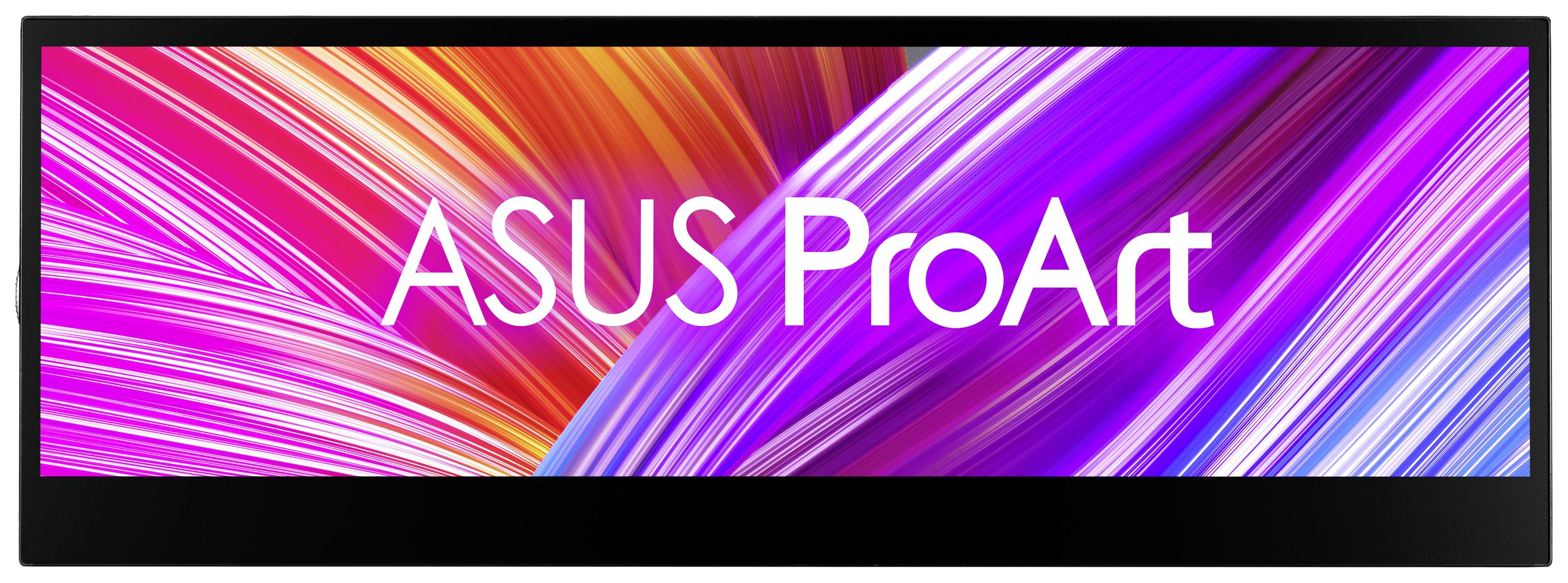 Displej s nápisem 'ASUS ProArt' před pozadím s barevnými, zvlněnými linkami v červené, oranžové, fialové a modré barvě.